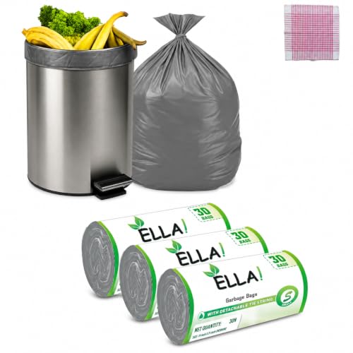 Image of ELLA Garbage Bags 17 x 19 Inches Small Size 90 Bags 3 Rolls Grey Color Leak Proof for Home Kitchen Bathroom Office and Daily Wet and Dry Waste Disposal Use With Check Duster Cloth Free