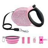 Triumilynn Rhinestone Retractable Dog Leash Bling 10 ft, Smooth Retracting Pet Extendable Lead for Small Medium Breed Walking Training, One Button Release and Lock, Gift Waste Bags Dispenser Included