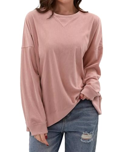 KISSMODA Womens Casual Long Sleeve Sweatshirts Color Block/Solid Tops Corduroy Crewneck Tunic Pullover with Pockets