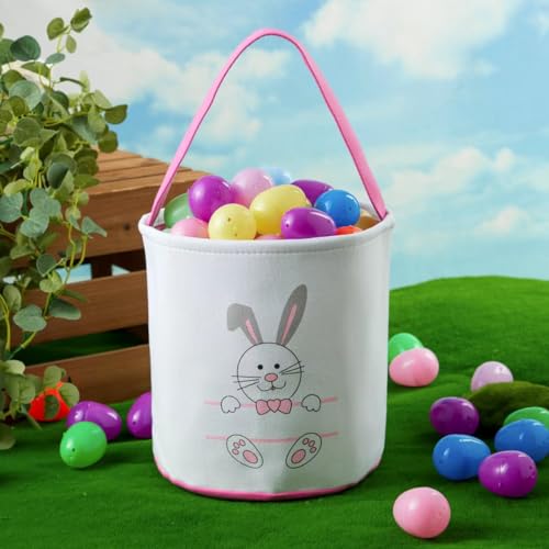 Image of Easter Bucket, Canvas Easter Bunny Basket, Bunny Face Print Basket, Bucket with Handle for Egg Hunts, Party Gifts (Pink)