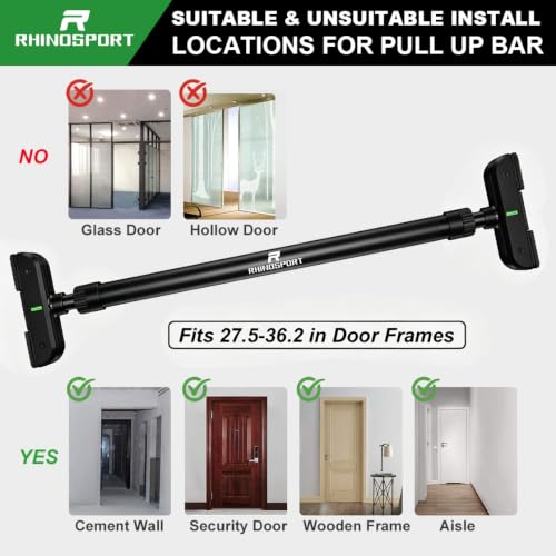 Image of RHINOSPORT Door Pull Up Bar Doorway Chin Up Bar from 72-95 cm (28.3in-37.4in) Workout Equipment No Screws BLACK