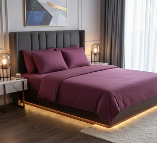Image of 400TC Cotton Feel Glace Cotton Double Bed Elastic Fitted Bedsheet King Size Set || Includes 1 Solid Plain Fitted Bedsheet King Size with 2 Pillow Covers (78 x 72 Inches, Plum)