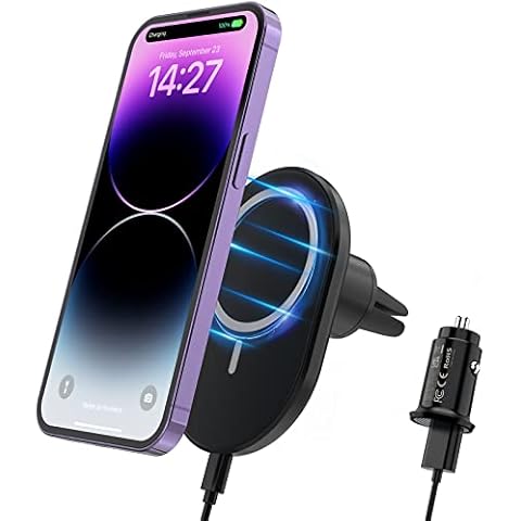 JoyGeek Magnetic Wireless Car Charger, Mag-Safe Car Phone Holder with Charger, Car Vent Mount for Magsafe Compatible with iPhone 14/13/12 Series & Magnetic Case. Car Adapter & Cable Included, Black Cover