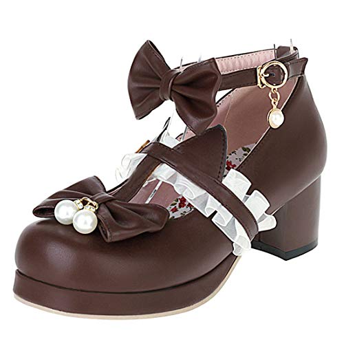 AIMODOR Womens Kawaii Platform Mary Jane T-Strap Pumps Rockabilly Chunky Heel with Bow
