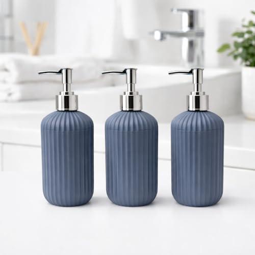 Image of LAGET 300ml Soap Dispenser for Wash Basin - Plane Ribbed Design | Kitchen and Bathroom Accessories Items | Refillable Handwash Dispenser Bottle- Set of 3 (Metallic Blue)