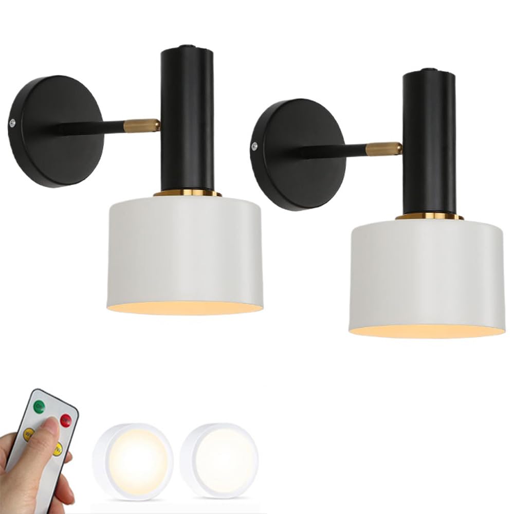 Set di 2 applique da parete a LED a batteria, stile rustico, senza fili, ricaricabili, per interni, colore nero o bianco, lampada industriale senza fili per camera da letto, soggiorno e comodino.