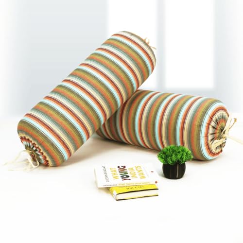 Image of AURAVE Cotton 144 TC Printed Bolster Cover with Drawstring Closure, Set of 2, Soft Breathable Durable Machine Washable for Sofa Bed & Home Decor, 15 inchx30 inch, Multi | Cover Only
