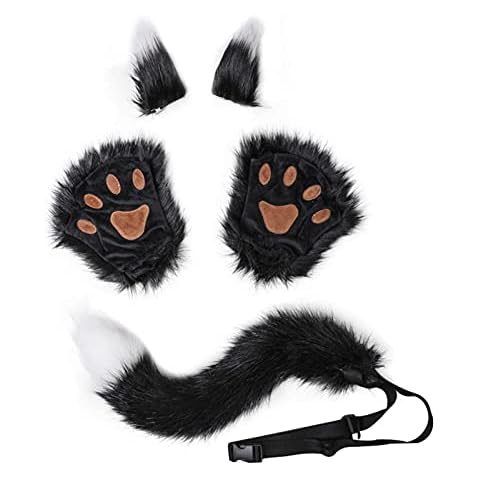 Fxaelian Anime Comic Animal Fox Cat Dog Wolf Costume Paws Tail Ears Hair Clips 5 PCS Pack Set Faux Fur Halloween Cosplay Party Accessories D Black White Cover