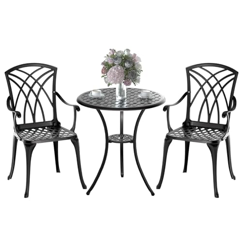 Z1UVDFUR Patio Bistro Set 3 Piece, Cast Aluminum Bistro Set for 2 w/Umbrella Hole, Outdoor Table and Chairs Set of 2, Bistro Set for Balcony/Backyard/Garden, Black