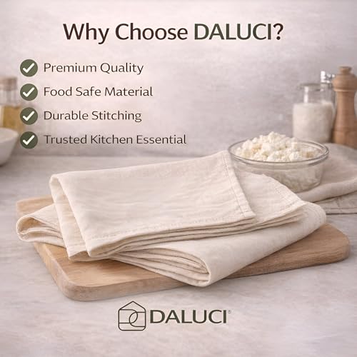 Image of DALUCI Muslin Cloth for Hung Curd & Paneer Making, Cheese Cloth Grade 100, 20x20 Inch Unbleached Cotton Curd Strainer Cloth for Yogurt, Cheese, Idli Steaming & Kitchen Use, 6 PCS