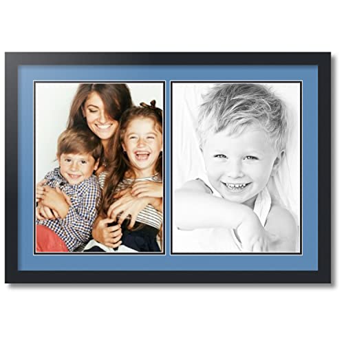 ArtToFrames Collage Photo Frame Double Mat with 2-12x16 inch Openings with Black Frame and Liberty Blue Top Mat