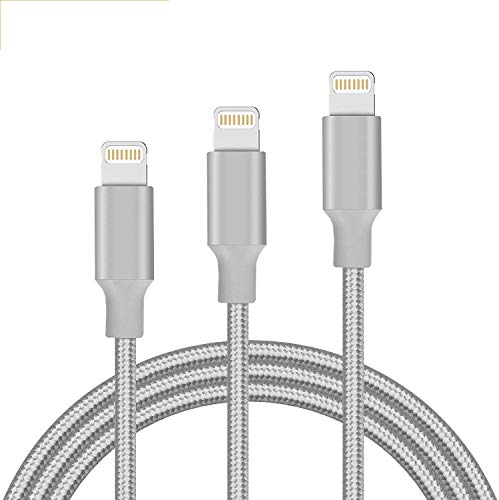 Quntis 3Pack 1m + 2m + 3M iPhone-oplaadkabel, [Hoge kwaliteit] Gecertificeerd Snelle USB-bliksemkabel Nylon voor iPhone XS Max XR X 8 8 Plus 7 7 Plus 6s 6s Plus 6 6 Plus SE 5s 5c 5 Pad Pod （Grijs）