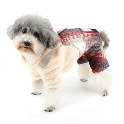 ZUNEA 犬の服 冬 ロンパース つなぎ 小型犬 ふわふわ 暖かい 防寒 トイプードル 服 Dリング付き 可愛い あたたかい フリース セーター オーバーオール おしゃれ チェック柄 ペット ドッグウエア 洋服 かわいい 子犬服 お出かけ お散歩 レッド