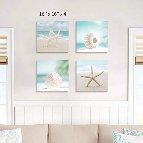 Beach Starfish Picture Wall Art: Seashell on Sand Artwork Painting Print on Canvas for Bedroom (16" W x 16" H x 4 PCS,Multi-Sized) - Image 3