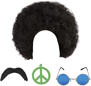 Blue Planet Fancy Dress Hippie Hippy Afro Wig Sunglasses Moustache Green Peace Medallion Fancy Dress