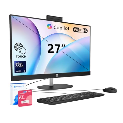 Image of HP 27 inch FHD Touchscreen All-in-One Desktop, Intel Core Ultra 5 225U(12-core), 64GB DDR5 RAM, 2TB SSD, Windows 11 Home, Next-Gen AI PC Computer with Wired Keyboard & Mouse, Black, w / 64GB Flash Drive