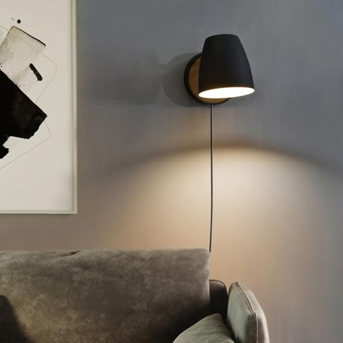 Image of Plug in Wall Sconce Black,Bedside Wall Lamps with Switch,Modern Wood Wall Light for Bedroom with 180Rotation Metal Shade,Indoor E26 Wall Lamp for Living Room,Dining Room,Hallway,Stairway,Wall Decor