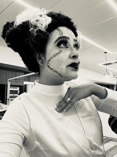 Long Black Curly Wig with White Streaks - Goth Bride Wig - Halloween Cosplay Costume Wig - Women Men