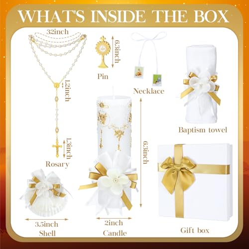 Liliful 7 Pcs White Baptism Candle Set Catholic Baptismal Candle Towel Rosary Necklace Shell Pin Pendant Christening Gift for Godparent Guest Favor Decoration First Holy Communion Gift (Fresh,Gold) by Liliful - Image 3