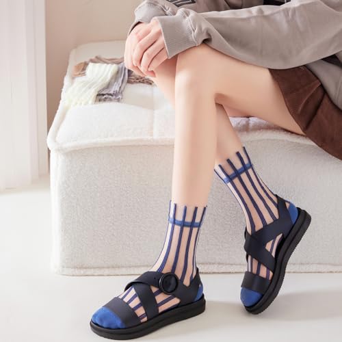 Image of Yomutuir Sheer Socks for Women, Summer Mesh Stripe Patterned Transparent Thin Lace Elastic Crystal Glass Socks