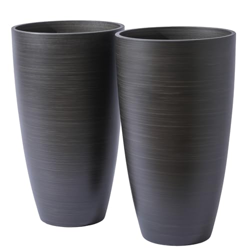 Tall Round Planter 2Pack-11.8"W*21"H Dark Wooden Grain Finish Flower Pots Indoor Decorative Container Garden Patio Outdoor Indoor Plants Unbreakable Resin With Drainage Hole&Movable Insert Shelf