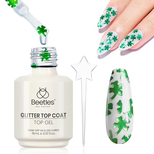 Image of Beetles Shamrock Gel Top Coat, Clover Glitter Top Coat Gel Nail Polish with Four-Leaf Clover Sequins Overlay No Wipe Shine Finish Long Lasting Soak Off U v Lamp Nail Art Design Manicure Diy at Home