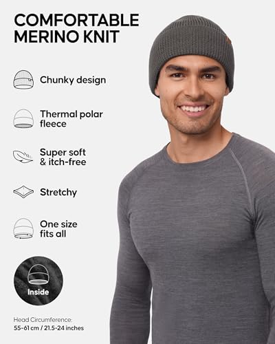 Image of DANISH ENDURANCE Merino Wool Beanie for Men & Women, Fleece Lined Hat, Soft, Stretchy, Fisherman Beanie, Warm Wool Hat