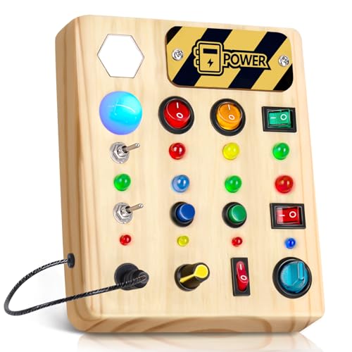 Image of HONGDDY Busy Board Montessori Toys for Toddler, Wooden Sensory Board Switch Toy with Shape Sorter LED Light Up Travel Toys Educational Plane Travel Activity for Girls & Boys Gifts