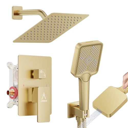 JQBQS Shower System Modern Rain 8 inches Brass Faucet Set With Valve and Diverter Shower Mixer With Handheld High Pressure Square Rainfall Shower Valve (8'' Wall Mount, Brushed Gold) by JQBQS - Used condition - US$81.82