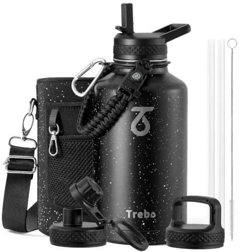 Trebo 64 oz Water Bottle Stainless Steel with 3 Lids, Paracord Handle & Bag