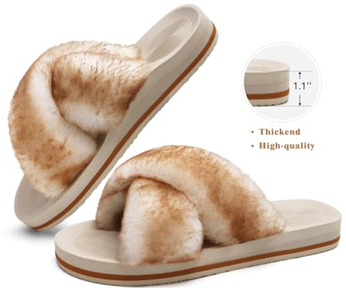 Image of COFACE Womens Fuzzy Slides Fluff Faux Fur Cross Slippers Open Toe Yoga Mat House Slipper Sandals With Arch Support For Indoor /Outdoor