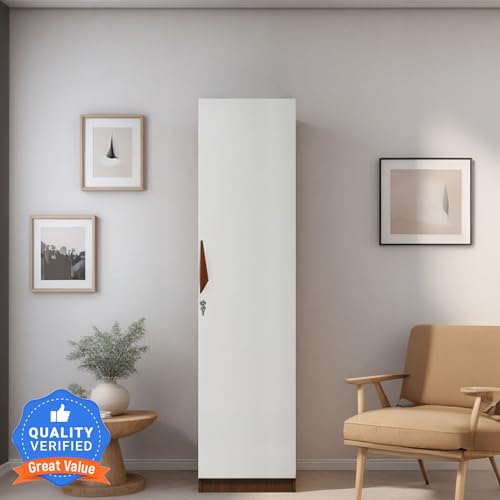 Image of Mintwud Pepperfry Engineered Wood Wardrobe with 1 Doors Storage | Wooden Almirah Cupboard for Clothes Storage Organizer for Living Room Home Bedroom Furniture (Teak and White Finish)