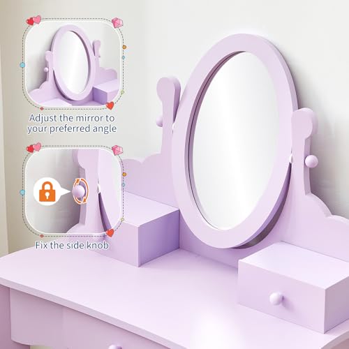 GarveeHome Girls' Vanity Set with Mirror, Makeup Table and Stool for Kids, Wood Dressup Playset for 4-9, Purple