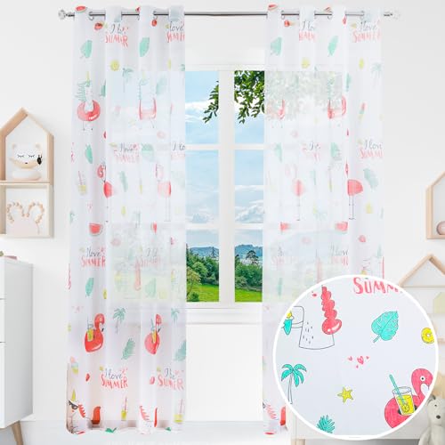 BOD HOME 2 Piezas Cortina Infantil Translúcida para Habitación de Niñas, 140 x 260cm Ancho x Alto, Cortina Dormitorio Infantil con Diseño Unicornio Blanco, Material 100% Poliéster