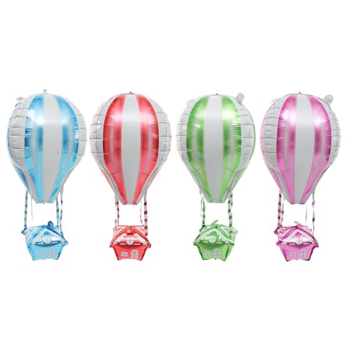 MUELODSIC Globos de Aluminio 4D Forma de Globo Aerostático Colores Surtidos Rosa Rojo Azul Verde Paquete de 4 Unidades para Decoración de Fiesta Infantil y Cumpleaños