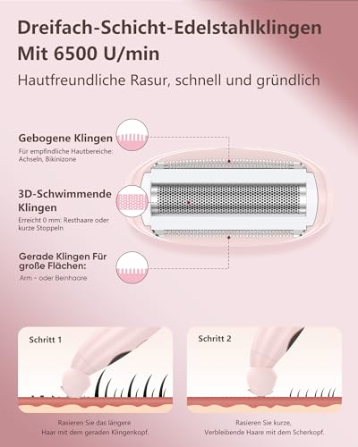 Rasierer Damen,3-In-1 Intimrasierer für Frauen,Gesichtshaarentferner für Frauen,Damenrasierer Elektrisch Nass-Trockenrasierer IPX7 Trimmer Damen,für Bikinizone Achseln Beine,USB-Aufladung,Rosa 3