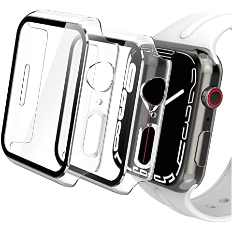 Hianjoo 2-Pack Screen Protector Compatible with Apple Watch Series 8 (2022)/Series 7 45mm (2021), All-round Protective Tempered Glass PC Case Compatible with Apple Watch Series 8/7 45mm- Transparent Cover