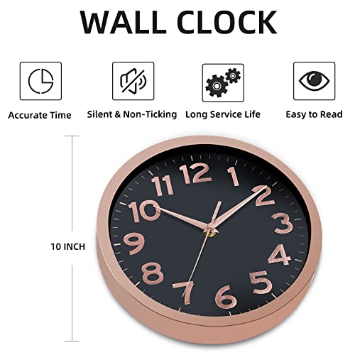 Akcisot Wall Clock 10 Inch Rose Gold Modern Wall Clocks Battery Operated - Analog Small Silent Non Ticking Clock Decorative For Living Room, Office, Bedroom, Bathroom, Kitchen Decor(Rose Gold Black) #TOP4