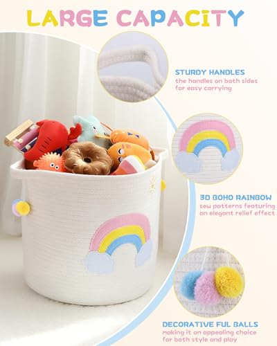 Zaxiva Aufbewahrungskorb Kinder mit Griffen, Wäschekorb Gewebter Baumwollseilkorb mit Stickerei Buntes Regenbogen-Dekor, Aufbewahrung für Organisieren von Kleidung, Badezimmer, Spielzeug(30x30cm)