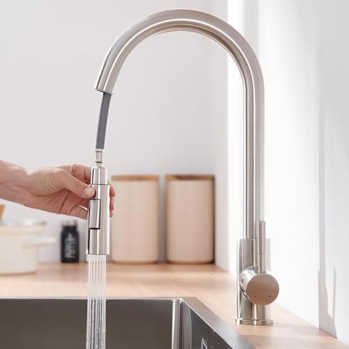 Lonheo Grifo Cocina Extraible, Grifos Cocina Fregadero con 2 Modos de Flujo de Agua, Grifo de Cocina Alto con Caño Giratorio a 360°, Torneira Cozinha Monomando de acero inoxidable