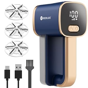 Fusselrasierer Elektrisch WiredLux - Wiederaufladbarer Fusselentferner für Kleidung & Möbel - LED-Licht, Einstellbare 3-Fach Geschwindigkeit, 6-blättrige Klinge, USB-Aufladung (Kobaltblau/Kupfer)