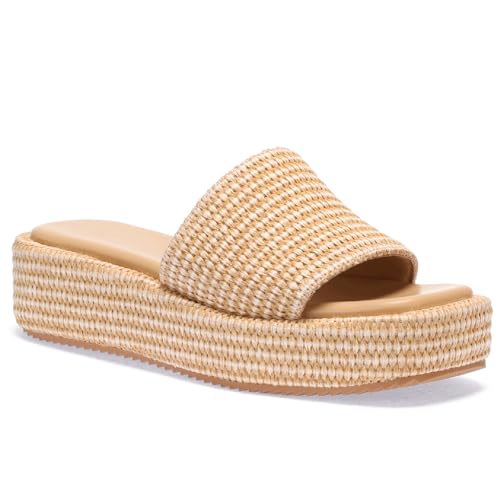 Image of Monrovia Platform Sandals Women Raffia Espadrille Slides, Woven Straw Flatform Beach Sandals Women, Slip On Summer Vacation Shoes, Comfortable Casual Daily Wear