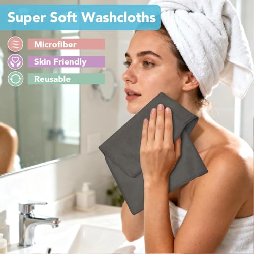 Image of Orighty Washcloths, 5 Pack Microfiber Face Towels, Highly Absorbent and Soft Feel Wash Cloths & Hand Towels for Bathroom, Hotel, Spa, and Gym, 11.5x11.5 Inch, Grey