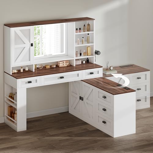 DWVO L Makeup Vanity Desk with Mirror and Lights, Farmhouse Big Lighted Vanity Table Set with 6 Drawers and Cabinet Shelves, 360° Rotation Large Dressing Table for Bedroom, White
