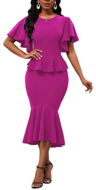 Image of Womens Summer Ruffle Short Sleeve Fishtail Dress Evening Cocktail Formal Peplum Midi Mermaid Dresses Elegant