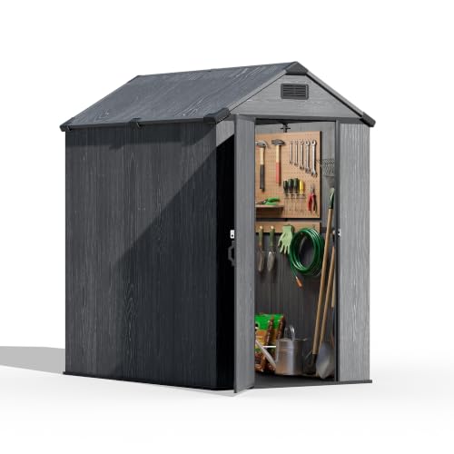 Image of Devoko 4x6 FT Plastic Outdoor Storage Shed with Floor, Outdoor Resin Shed with Lockable Door, Sloped Roof & Vent, Versatile Tool Shed for Patio Lawn Backyard, Deep Grey