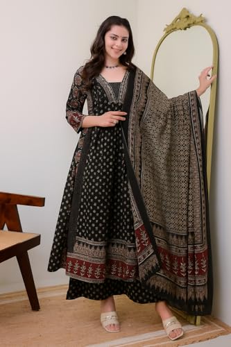Image of KLOSIA Women's Rayon Printed Anarkali Kurta and Pant with Dupatta Set