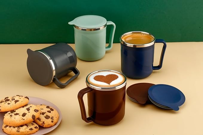 Image of SR Coffee Mug with Lid Insulated Stainless Steel for Tea Milk Mug Inner Stylist Double Wall Cup for Home Office Restaurant Use Gift (Pack of 1) (Brown)