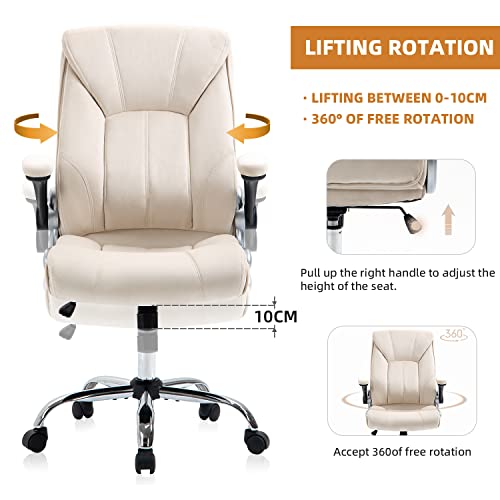 Seatzone Home Velvet Office Chair, Comfortable Fabric Computer Desk Chair With Wheels, Executive Chair With Adjustable Height And Lumbar Support, Beige #TOP3