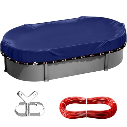 12x24 ft Pool Cover Oval Above Ground,Winter Pools Safety Cover Oval/Rectangle,Heavy Duty&Extra Thick 195G PE Tarps,Cold-Resistant Anti-UV,Extreme Weather Protection,Winch and Cable Closing Kit,Navy